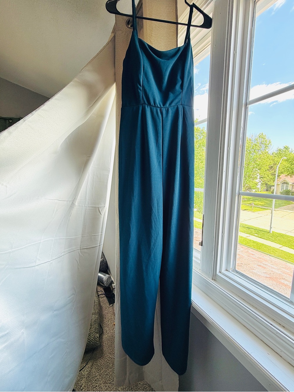 miami Teal Spaghetti-Strap Jumpsuit with Cowl Neckline